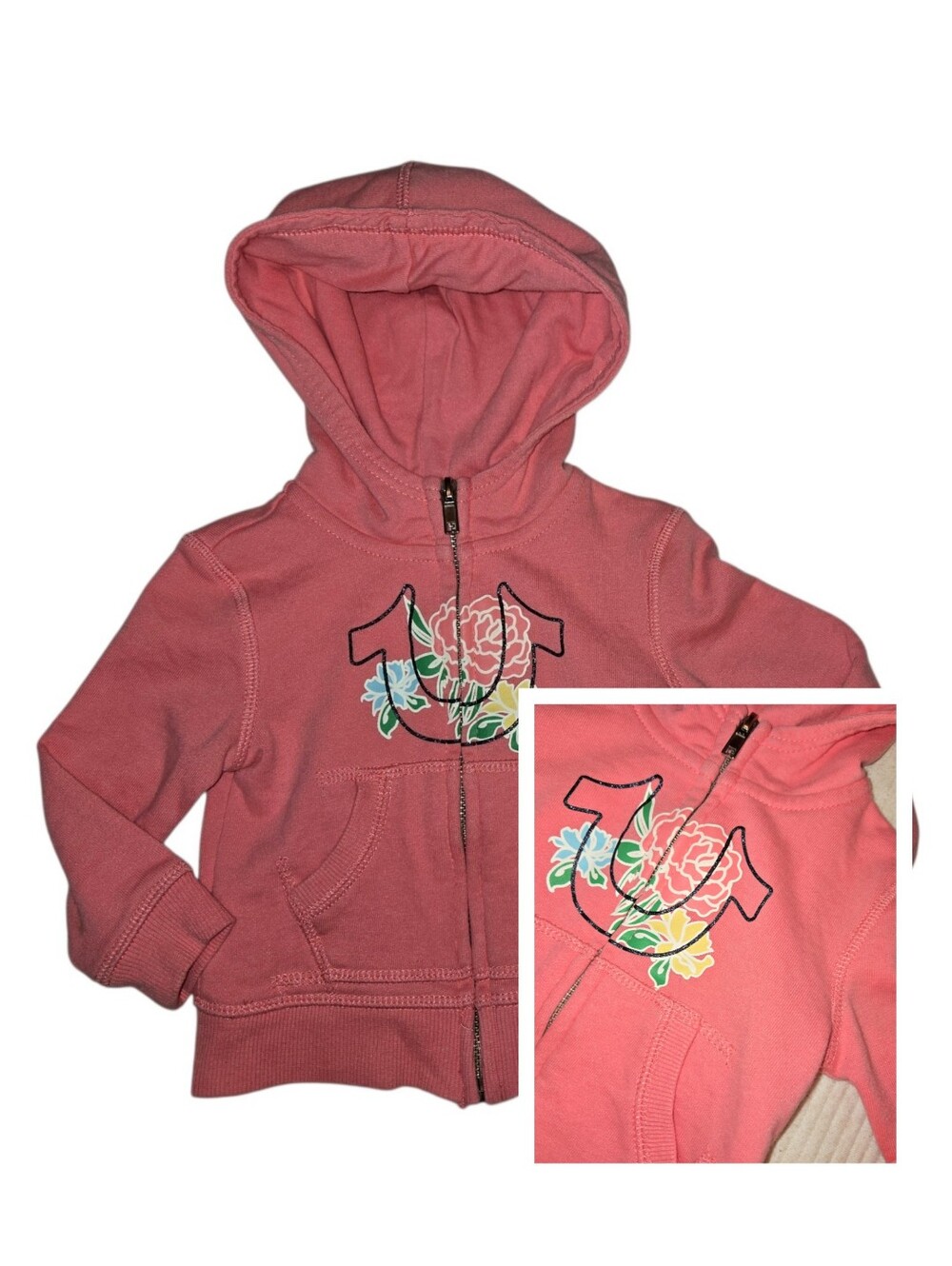 True Religion Girls' Coral Zip Hoodie with Floral Horseshoe Logo 12m